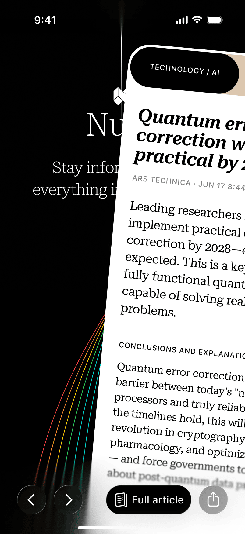 Nuus news app — an AI-summarised news article sliding in over the home screen